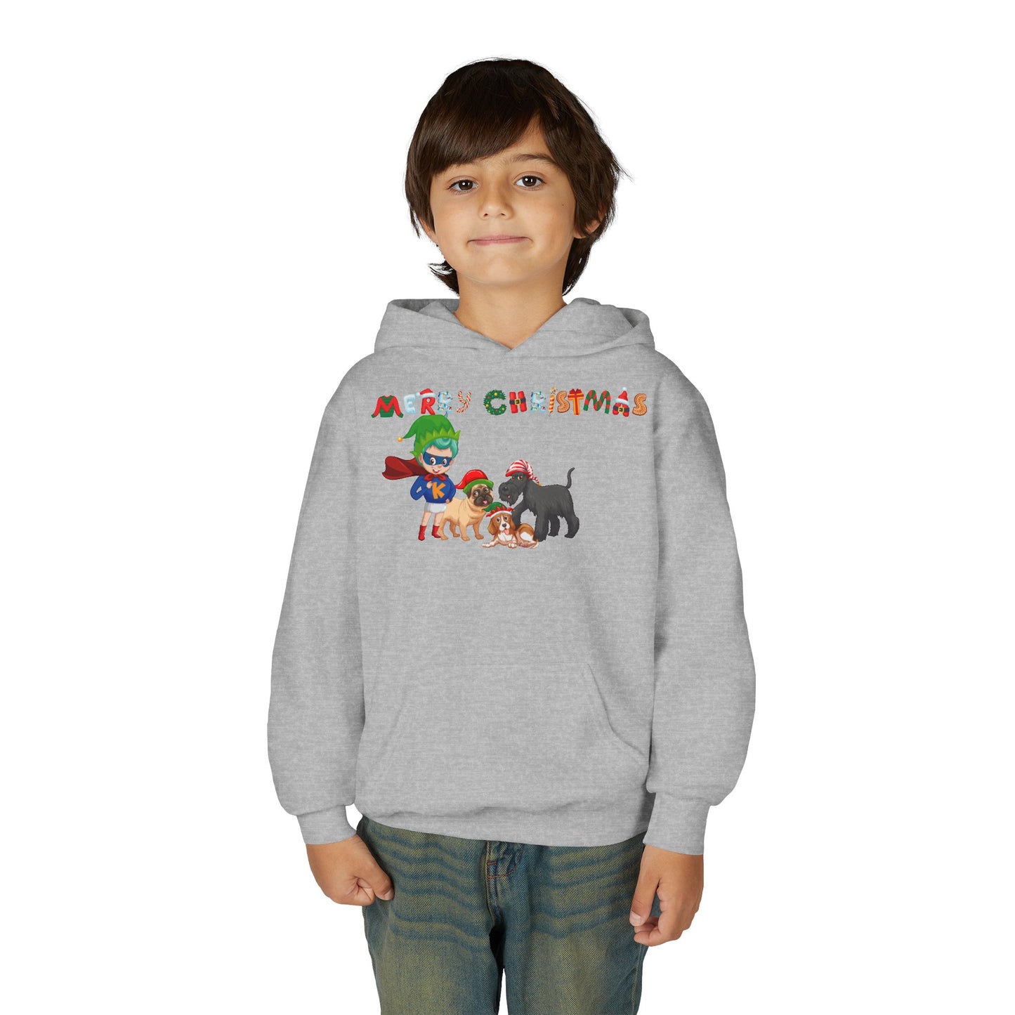 Youth Heavy Blend Hooded Sweatshirt - Super kiddo woith pet friends
