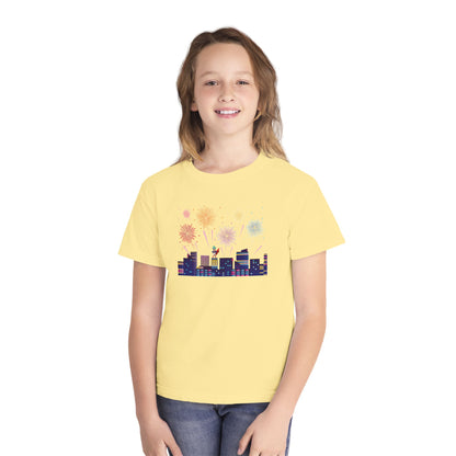 Youth Midweight Tee -  Super kiddo with fireworks - [[{"value":"Wonderwear Kid"}]]