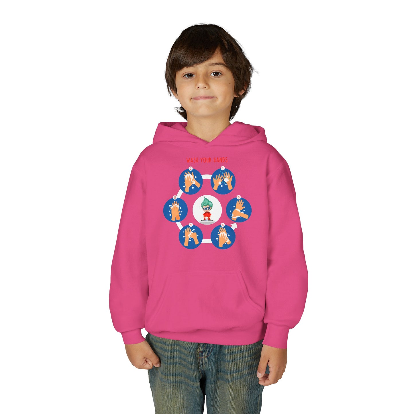 Youth Heavy Blend Hooded Sweatshirt - Super kiddo teaching how to wash hands