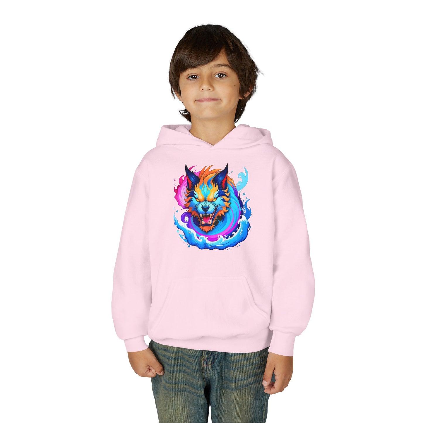 Youth Heavy Blend Hooded Sweatshirt - Vibrant Wolf Design
