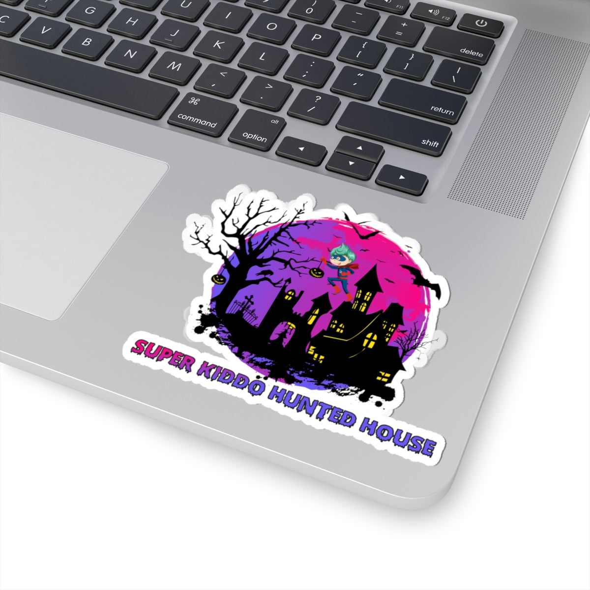 Kiss-Cut Stickers - Super kiddo flying on hunted house - [[{"value":"Wonderwear Kid"}]]