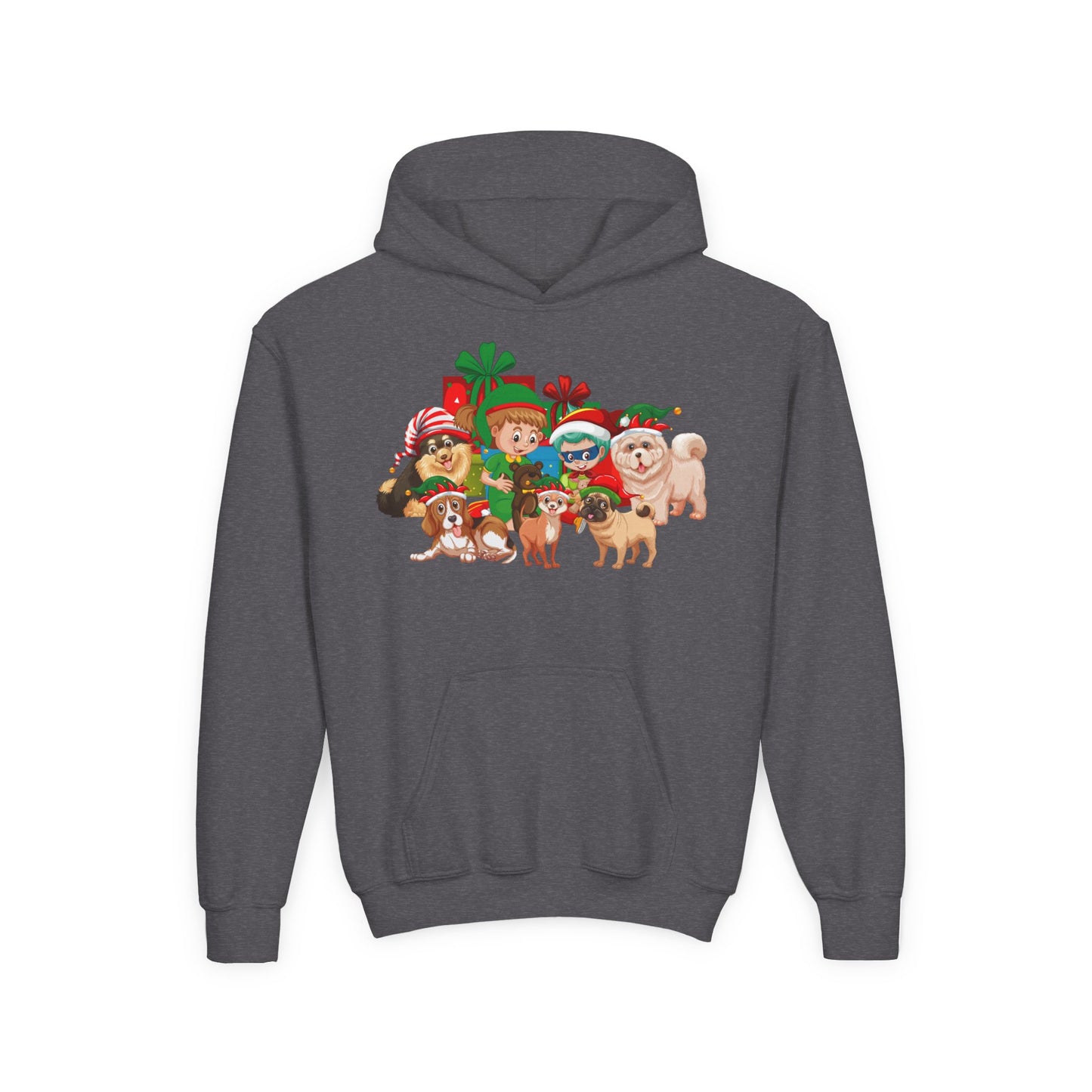 Youth Heavy Blend Hooded Sweatshirt - Christmas with super kiddo pet friends without text