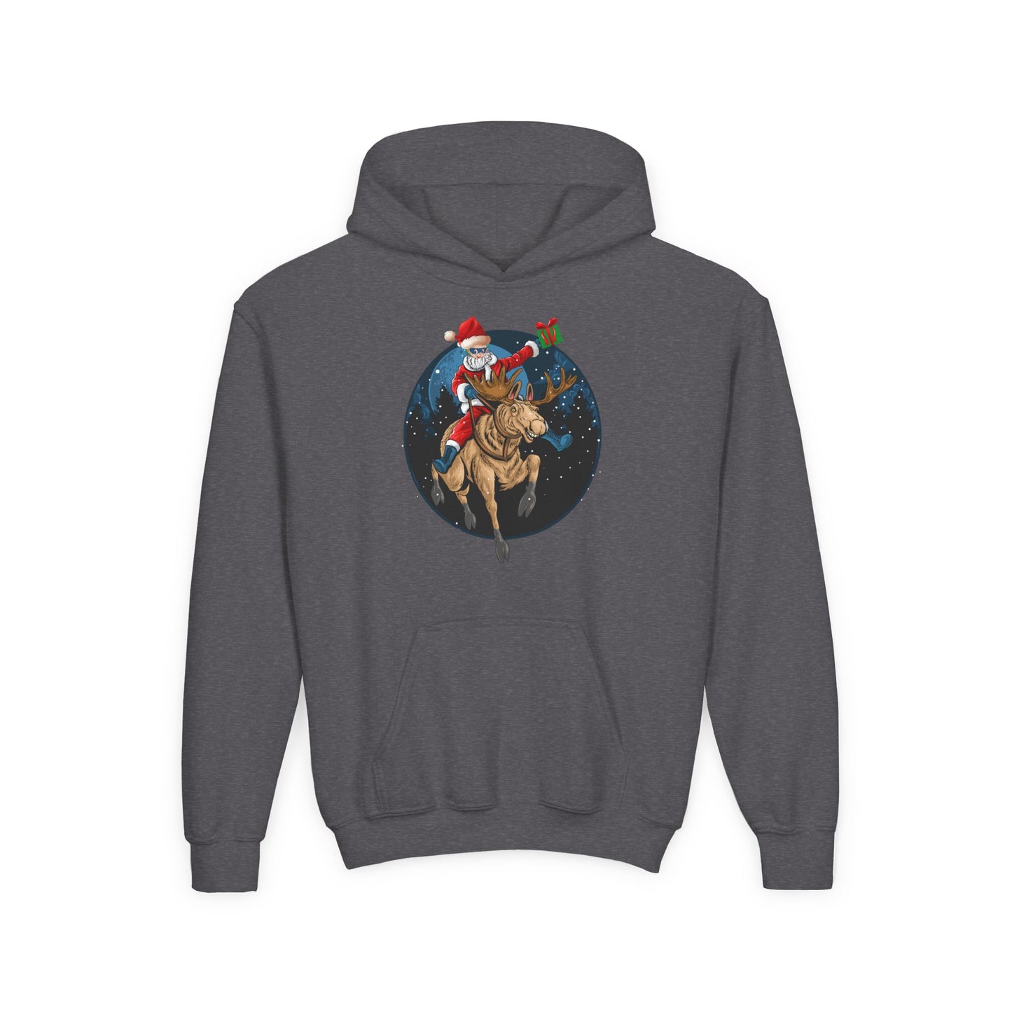 Youth Heavy Blend Hooded Sweatshirt - Super kiddo riding a reindeer