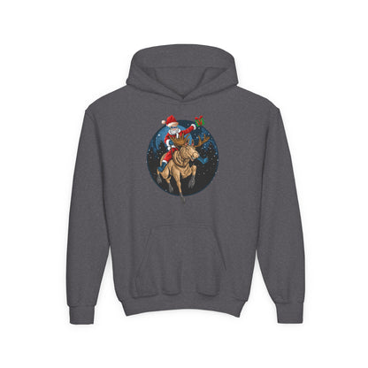 Youth Heavy Blend Hooded Sweatshirt - Super kiddo riding a reindeer - [[{"value":"Wonderwear Kid"}]]