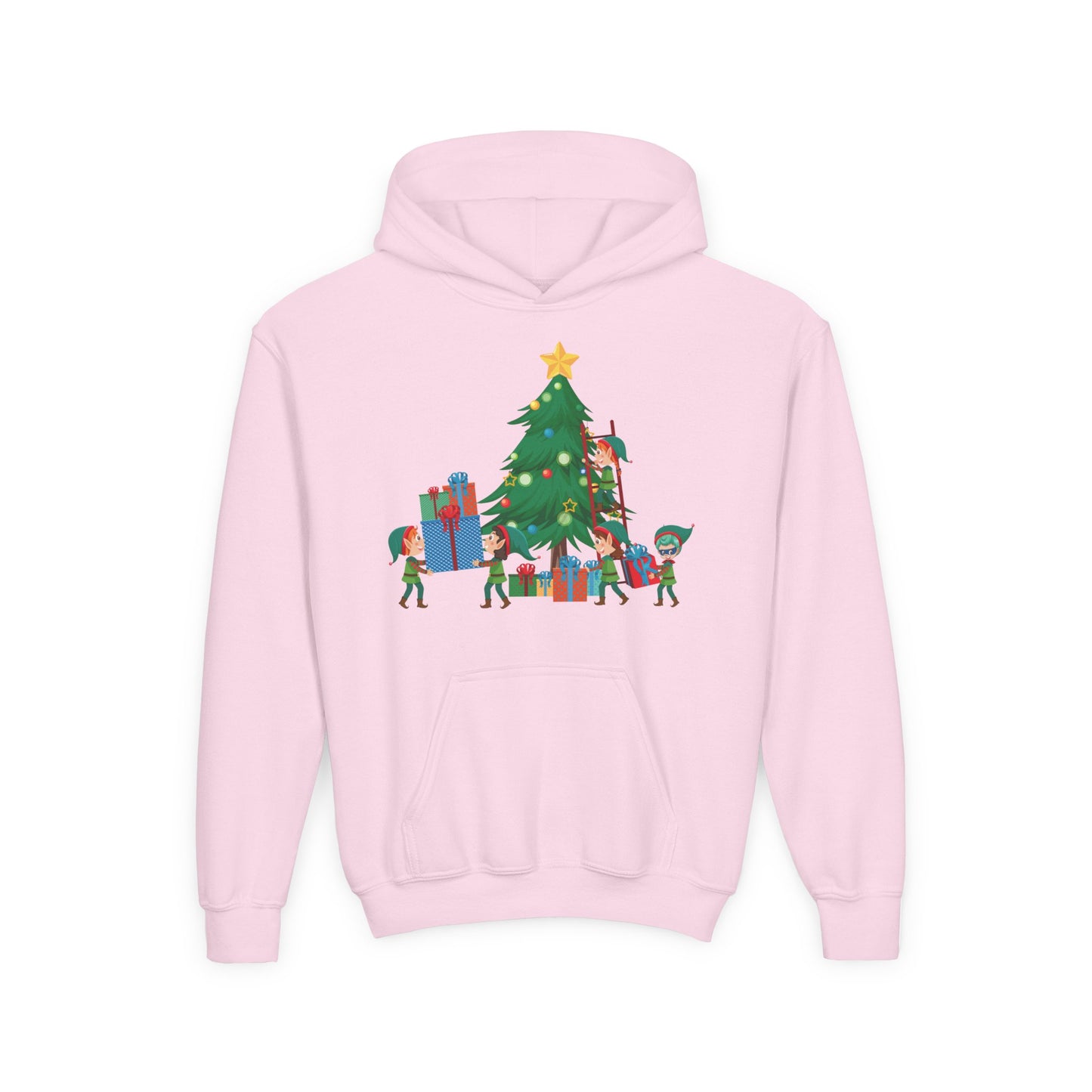 Youth Heavy Blend Hooded Sweatshirt - Super kiddo putting gifts on christmas tree