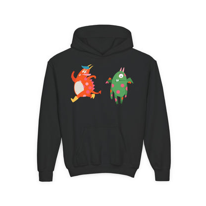 Youth Heavy Blend Hooded Sweatshirt - Monsters in action Printify