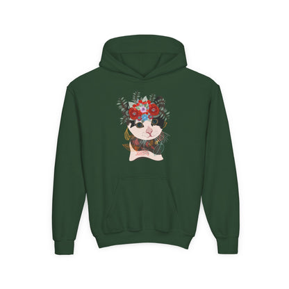 Youth Heavy Blend Hooded Sweatshirt - Lovely cat with crown flower Printify
