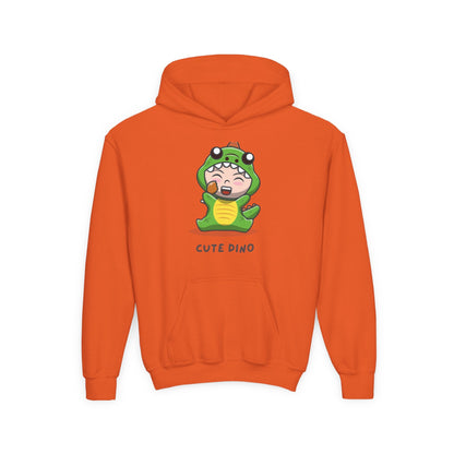 Youth Heavy Blend Hooded Sweatshirt - Green Cute Dino Printify