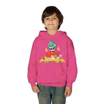 Youth Heavy Blend Hooded Sweatshirt - Super kiddo eating healthy breafast - [[{"value":"Wonderwear Kid"}]]