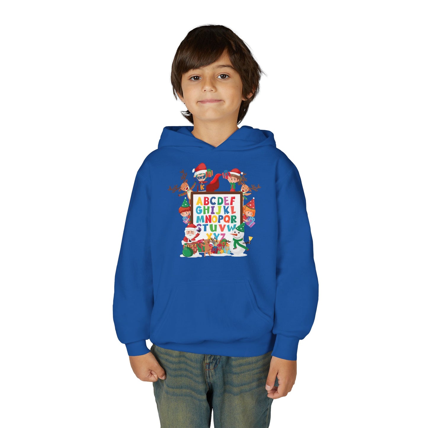 Youth Heavy Blend Hooded Sweatshirt - Christmas alphabet with super kiddo