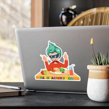 Halloween Kiss-Cut Vinyl Decals – Super kiddo eating healthy breafast - [[{"value":"Wonderwear Kid"}]]