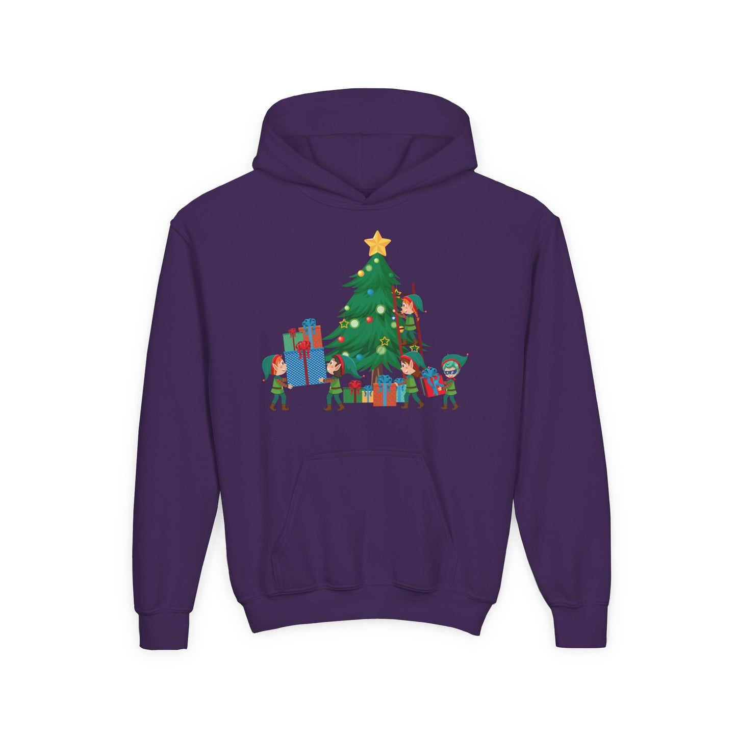Youth Heavy Blend Hooded Sweatshirt - Super kiddo putting gifts on christmas tree
