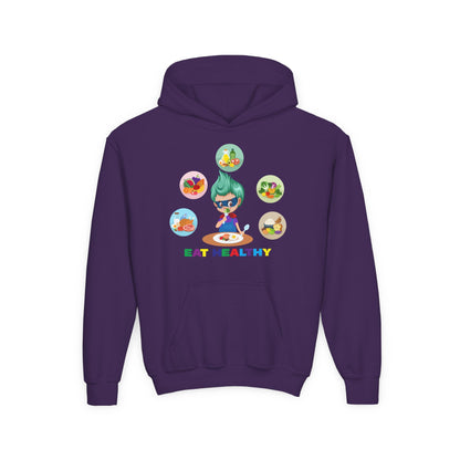 Youth Heavy Blend Hooded Sweatshirt - Supper kiddo showing healthy food to eat - [[{"value":"Wonderwear Kid"}]]