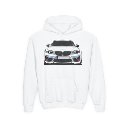 Youth Heavy Blend Hooded Sweatshirt - White sports car Printify