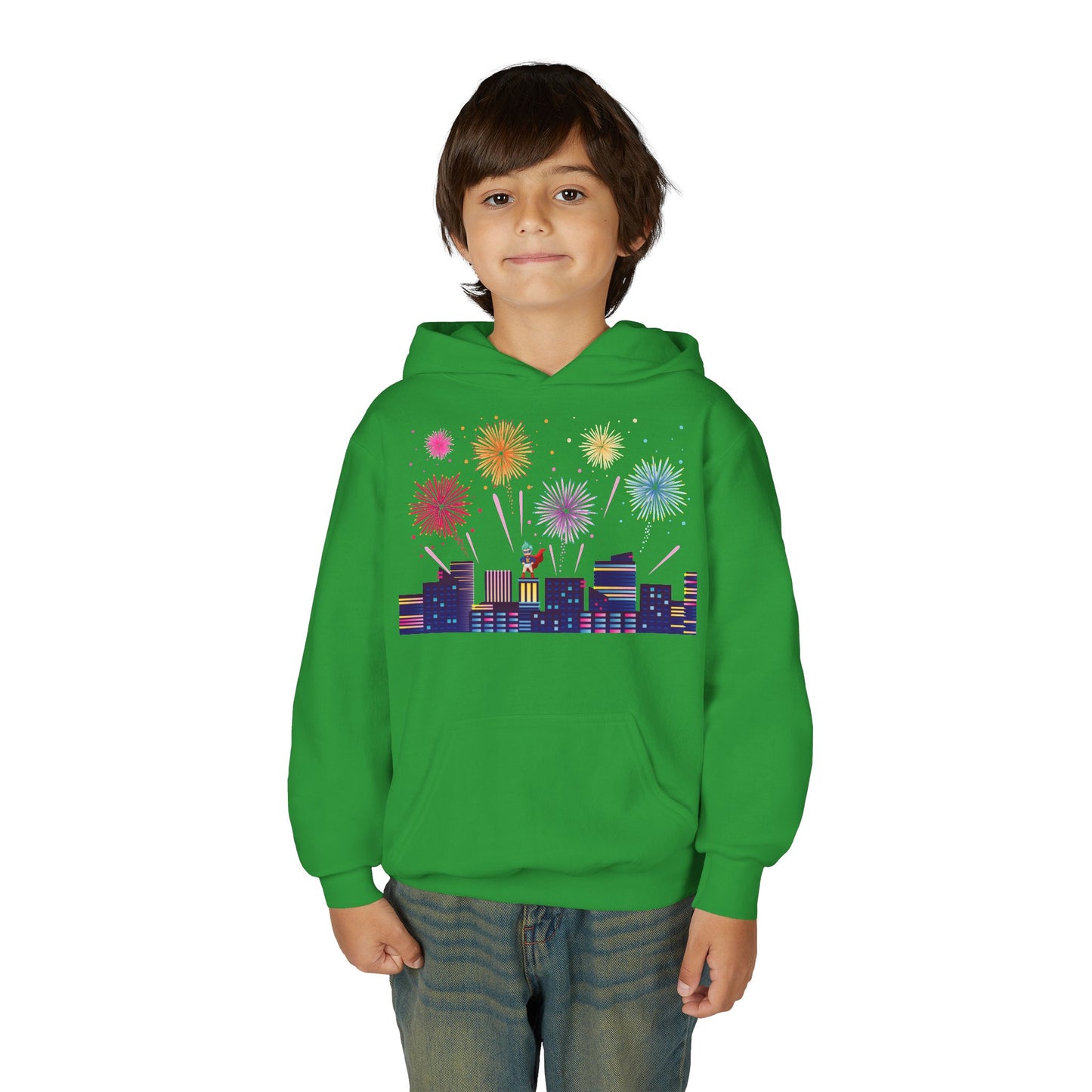 Youth Heavy Blend Hooded Sweatshirt - Super kiddo with fireworks