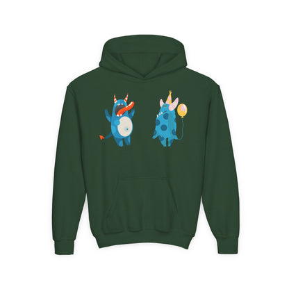 Youth Heavy Blend Hooded Sweatshirt - Blue monsters in action Printify