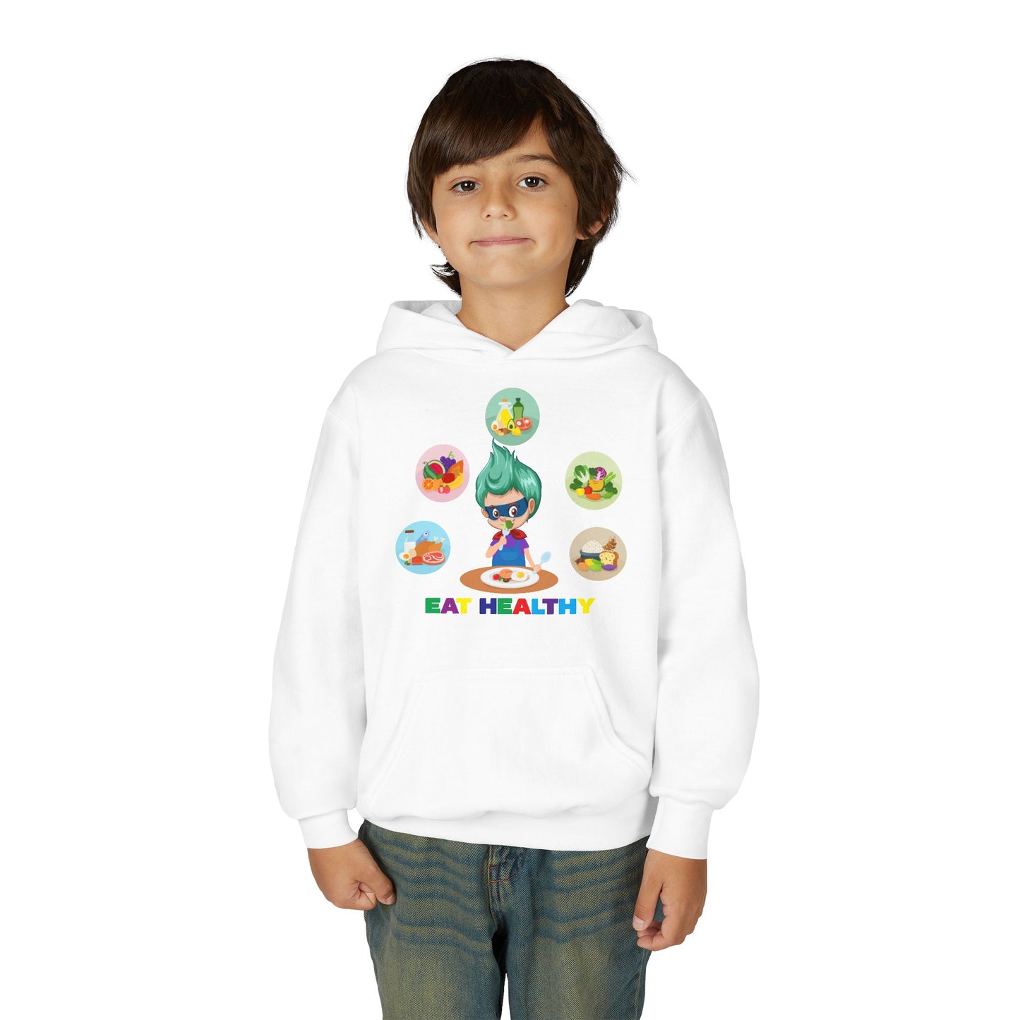 Youth Heavy Blend Hooded Sweatshirt - Supper kiddo showing healthy food to eat