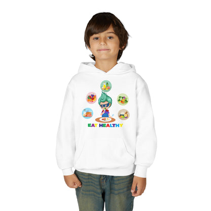 Youth Heavy Blend Hooded Sweatshirt - Supper kiddo showing healthy food to eat - [[{"value":"Wonderwear Kid"}]]