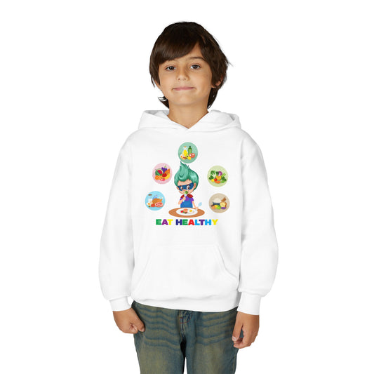 Youth Heavy Blend Hooded Sweatshirt - Supper kiddo showing healthy food to eat