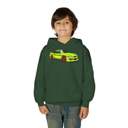 Youth Heavy Blend Hooded Sweatshirt - Yellow green race car Printify