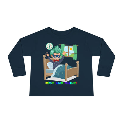 Toddler Long Sleeve Tee - Super kiddo teaches us to wake up early - [[{"value":"Wonderwear Kid"}]]