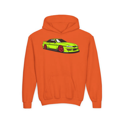Youth Heavy Blend Hooded Sweatshirt - Yellow green race car Printify
