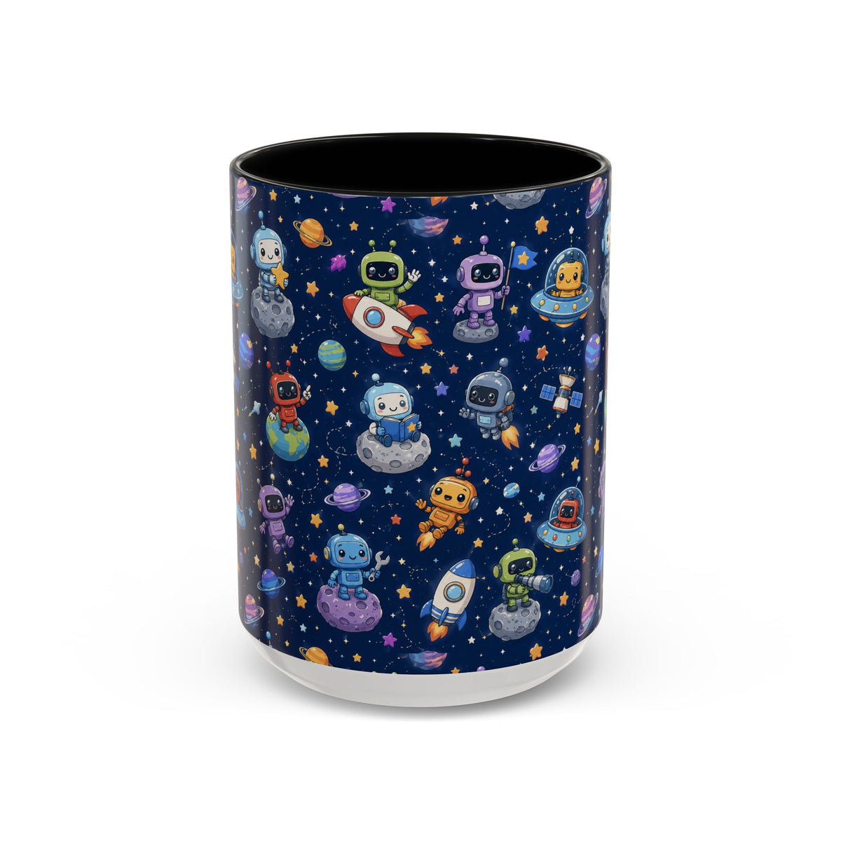 Galactic Robots Accent Coffee Mug — Cute Space Astronaut Pattern (11/15 oz)