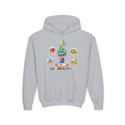 Youth Heavy Blend Hooded Sweatshirt - Supper kiddo showing healthy food to eat - [[{"value":"Wonderwear Kid"}]]