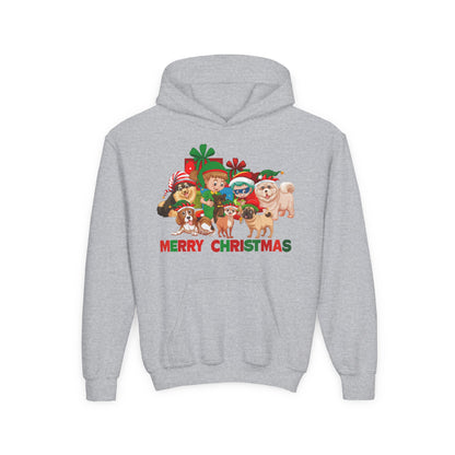 Youth Heavy Blend Hooded Sweatshirt - Christmas with super kiddo pet friends with text - [[{"value":"Wonderwear Kid"}]]