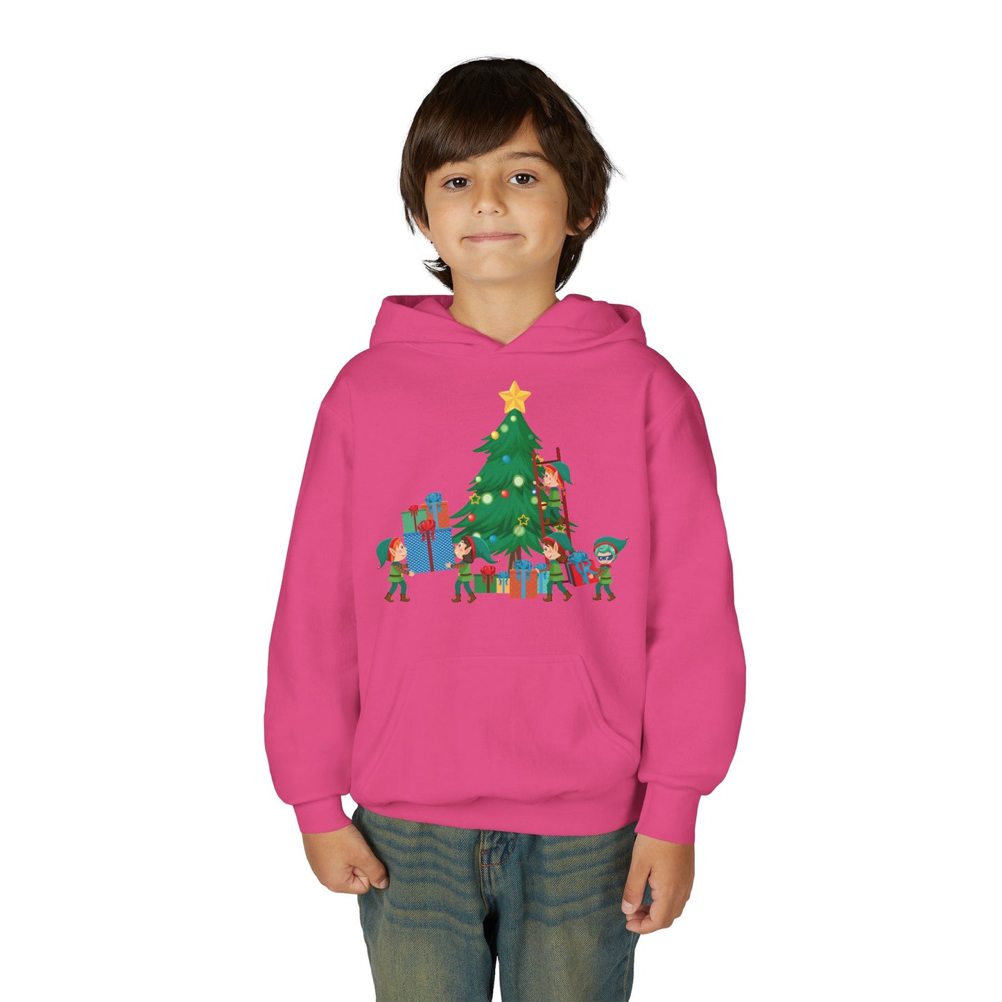 Youth Heavy Blend Hooded Sweatshirt - Super kiddo putting gifts on christmas tree