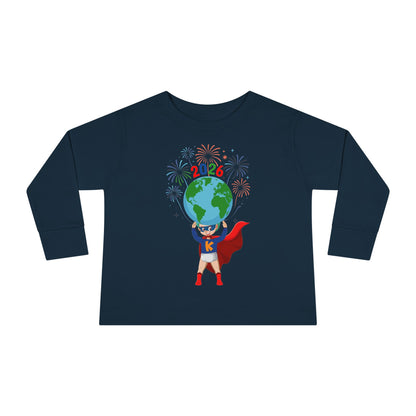 Toddler Long Sleeve Tee - Super kiddo holding globe - [[{"value":"Wonderwear Kid"}]]