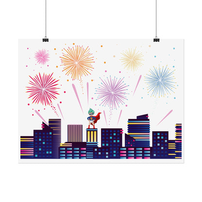 Rolled Posters - Super kiddo with fireworks - [[{"value":"Wonderwear Kid"}]]