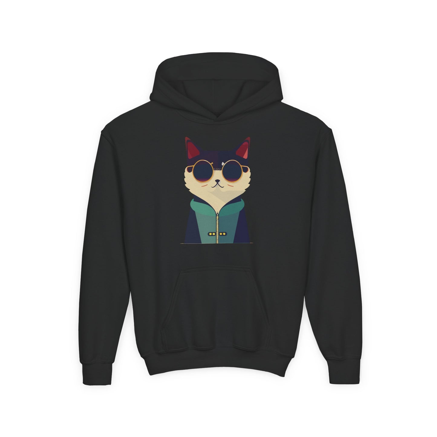 Youth Heavy Blend Hooded Sweatshirt - Cool Cat with Sunglasses