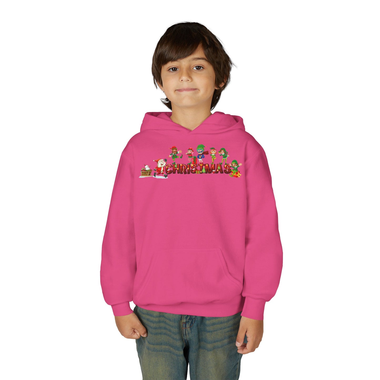 Youth Heavy Blend Hooded Sweatshirt - Christmas with santa claus and friends