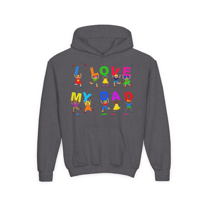 Youth Heavy Blend Hooded Sweatshirt - Kids showing i love my Dad Printify