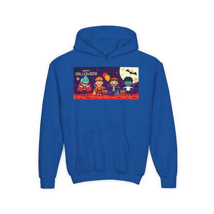 Youth Heavy Blend Hooded Sweatshirt - Super kiddo with friends on holloween - [[{"value":"Wonderwear Kid"}]]
