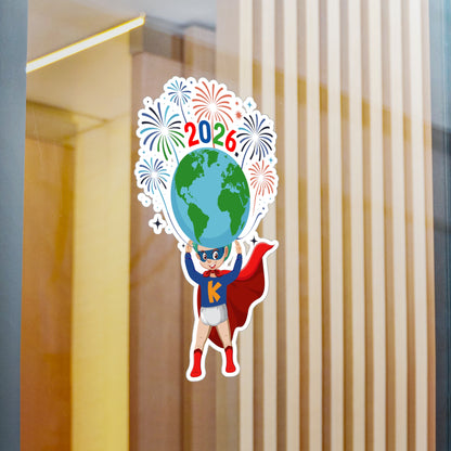 Christmas Kiss-Cut Vinyl Decals – Super kiddo holding globe - [[{"value":"Wonderwear Kid"}]]