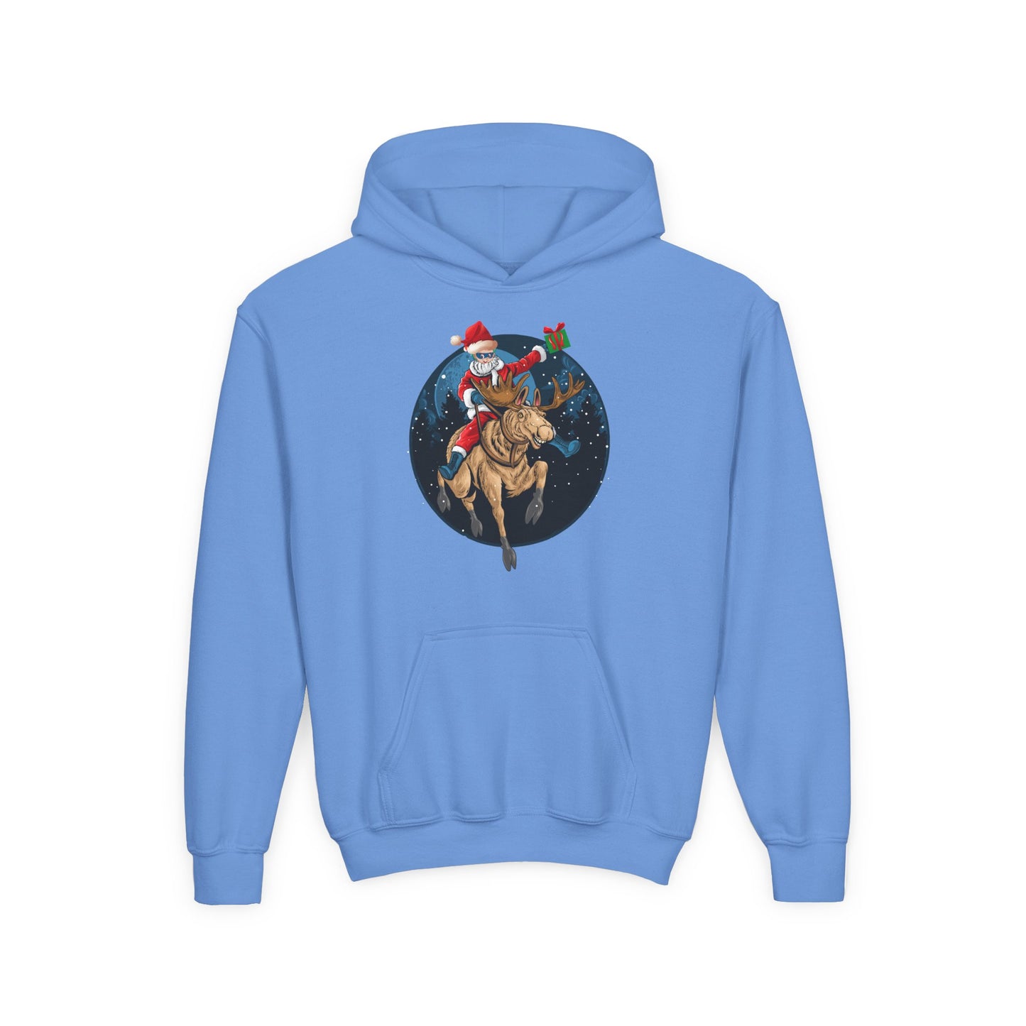 Youth Heavy Blend Hooded Sweatshirt - Super kiddo riding a reindeer
