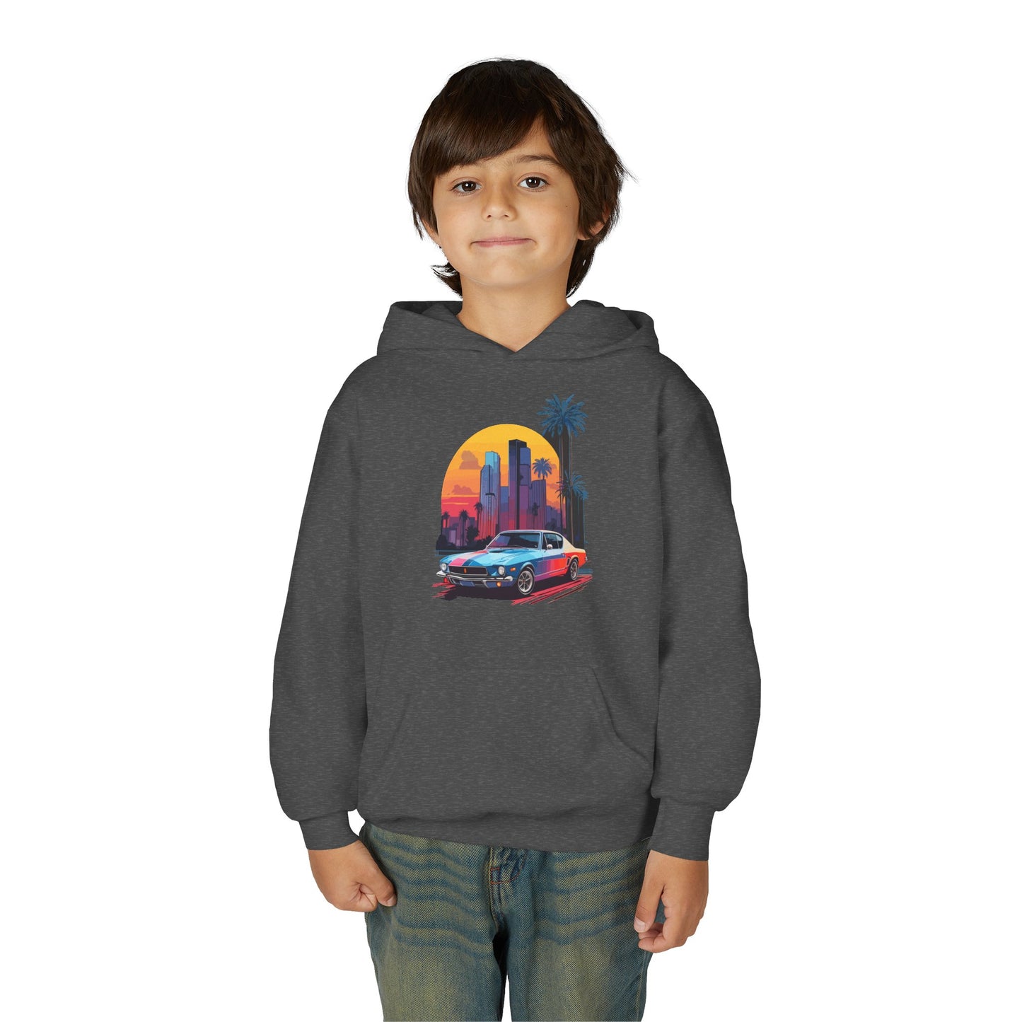 Youth Heavy Blend Hooded Sweatshirt - Vintage Car Sunset