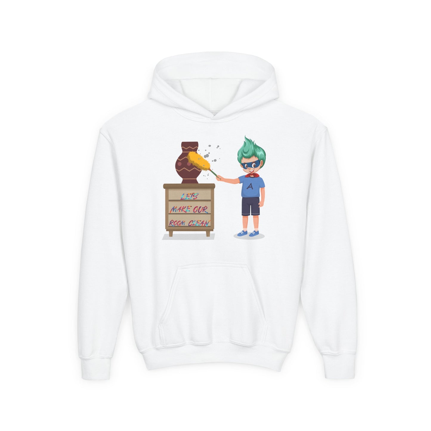 Youth Heavy Blend Hooded Sweatshirt - Super kiddo cleaning a vase
