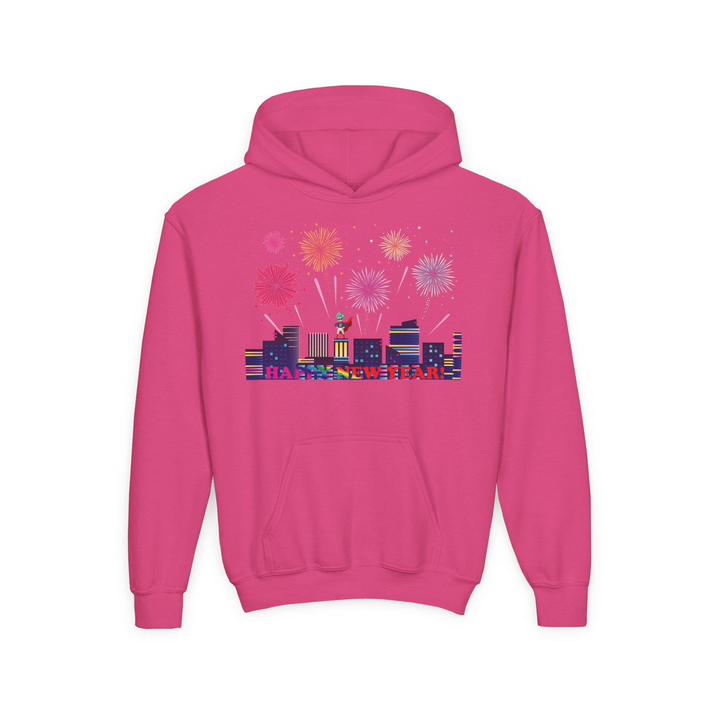 Youth Heavy Blend Hooded Sweatshirt - Super kiddo with fireworks with text