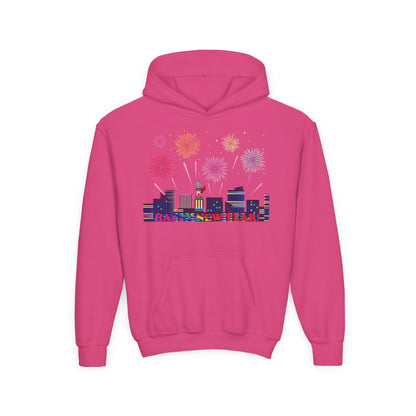 Youth Heavy Blend Hooded Sweatshirt - Super kiddo with fireworks with text - [[{"value":"Wonderwear Kid"}]]