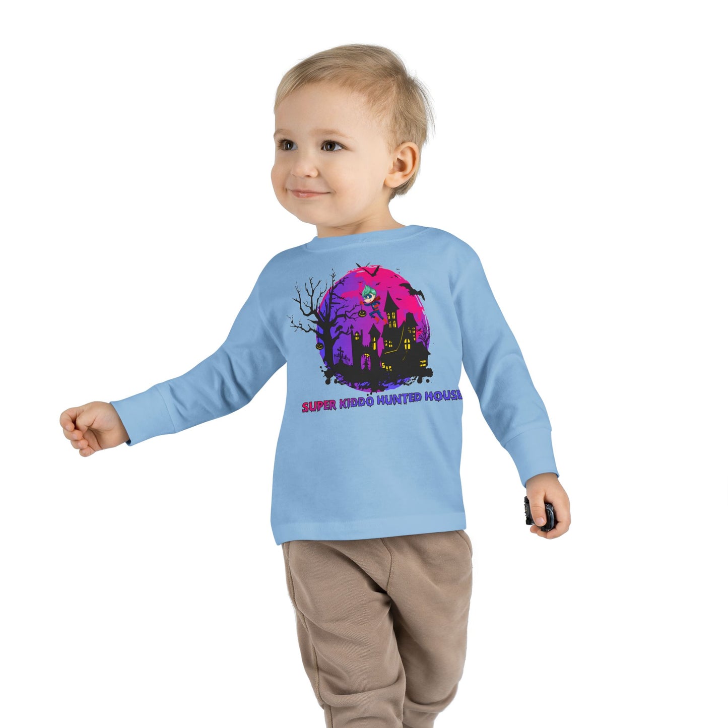 Toddler Long Sleeve Tee - Super kiddo flying on hunted house