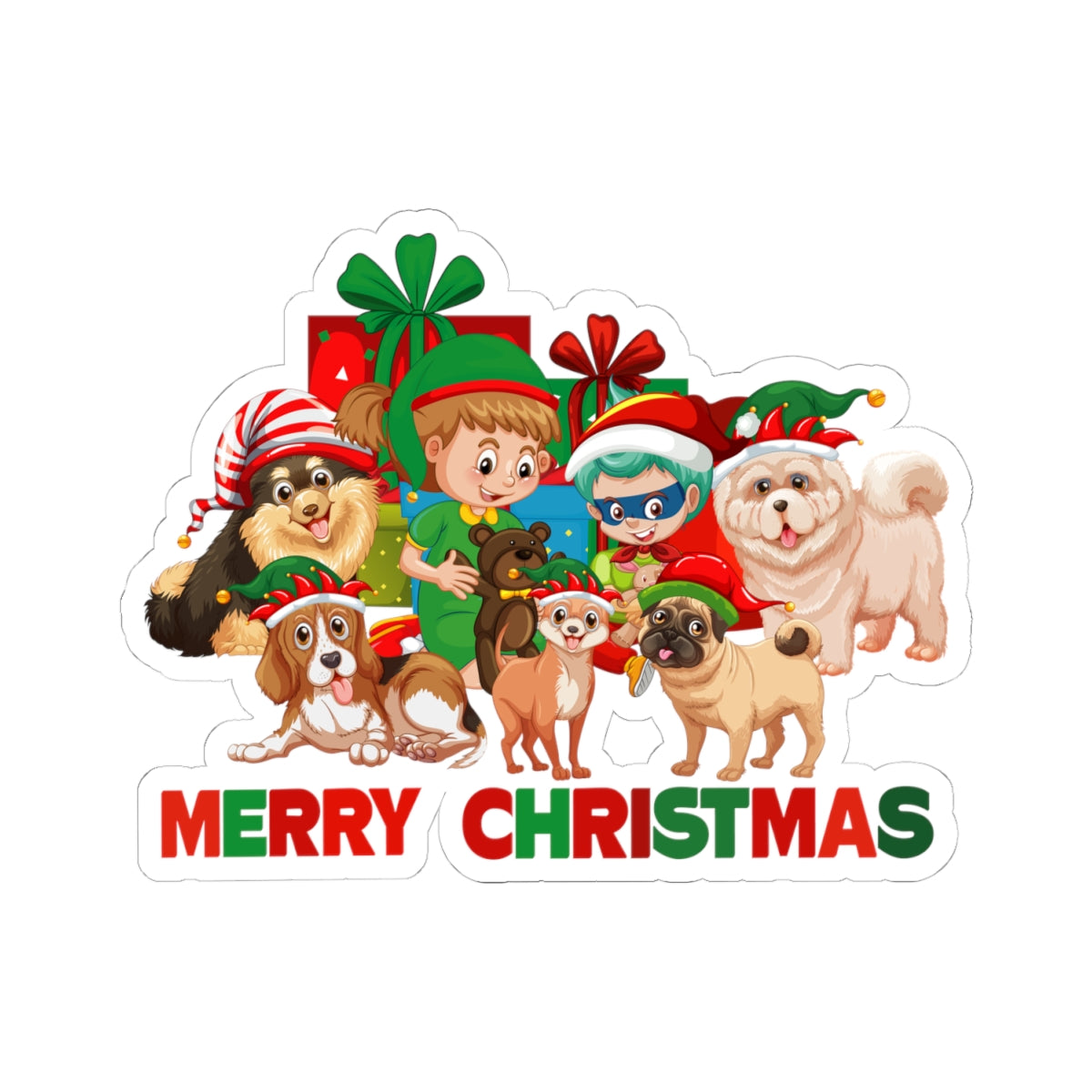 Kiss-Cut Stickers - Christmas with super kiddo pet friends with text - [[{"value":"Wonderwear Kid"}]]