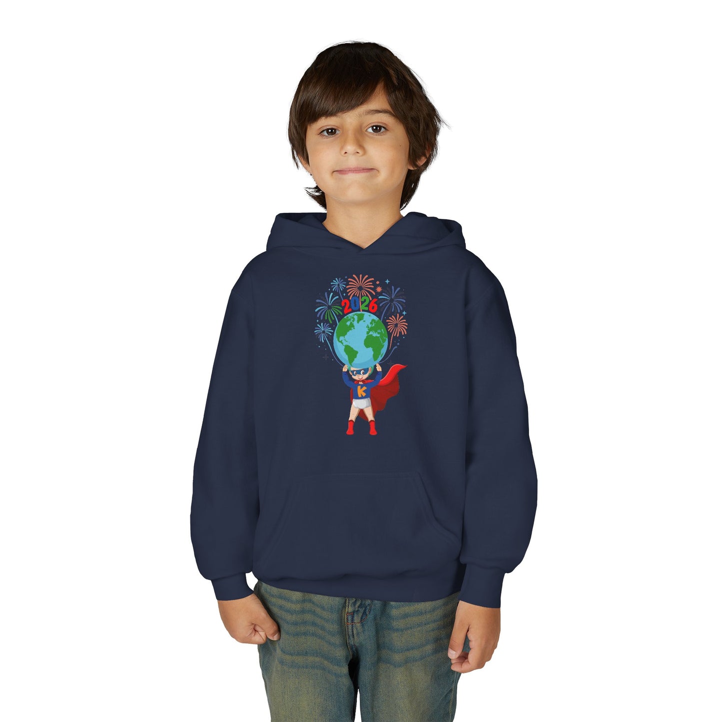 Youth Heavy Blend Hooded Sweatshirt - Super kiddo holding globe