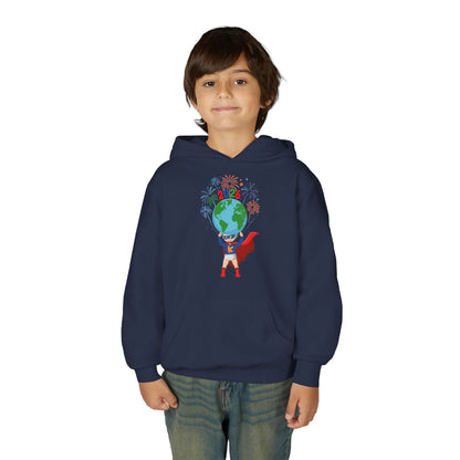 Youth Heavy Blend Hooded Sweatshirt - Super kiddo holding globe - [[{"value":"Wonderwear Kid"}]]