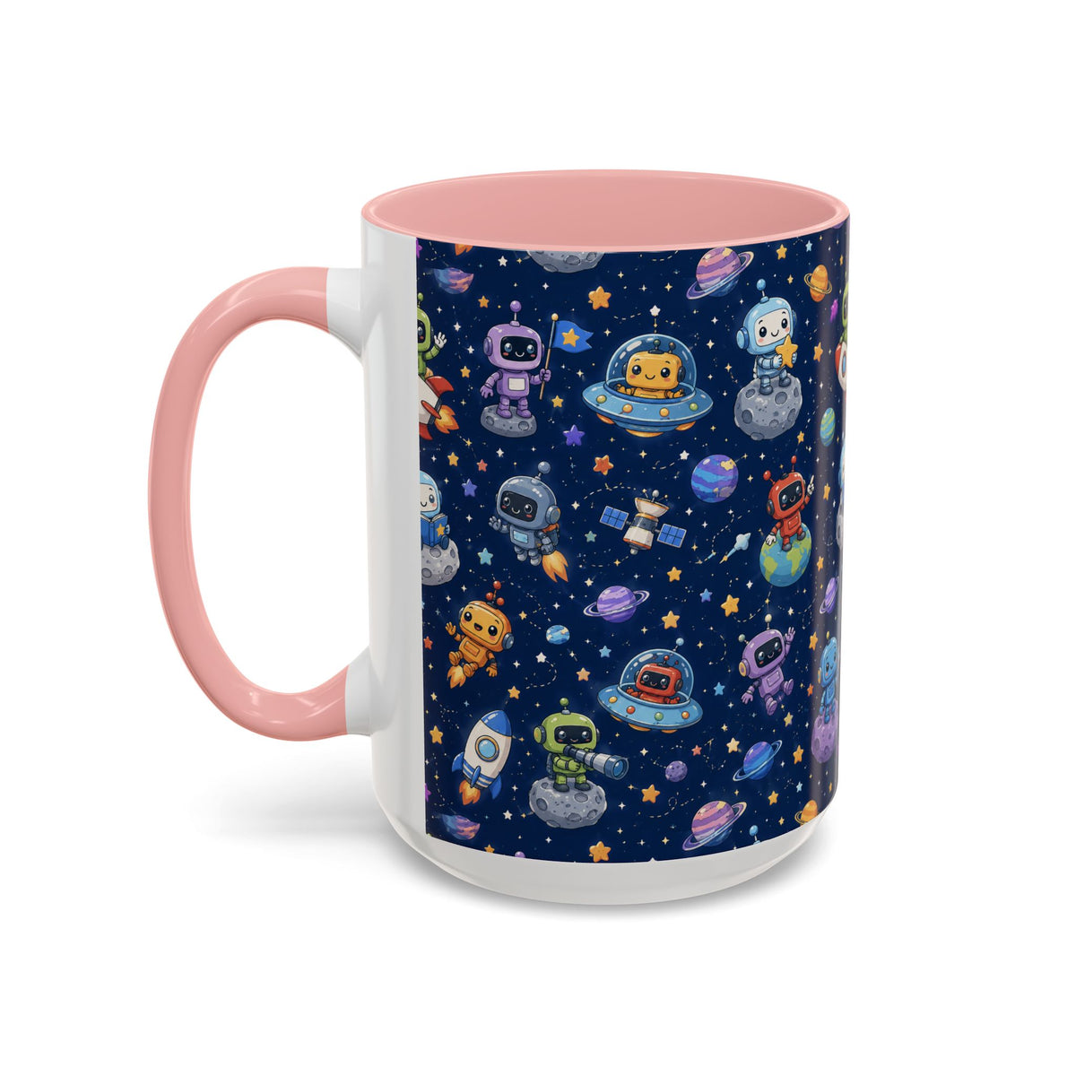 Galactic Robots Accent Coffee Mug — Cute Space Astronaut Pattern (11/15 oz)