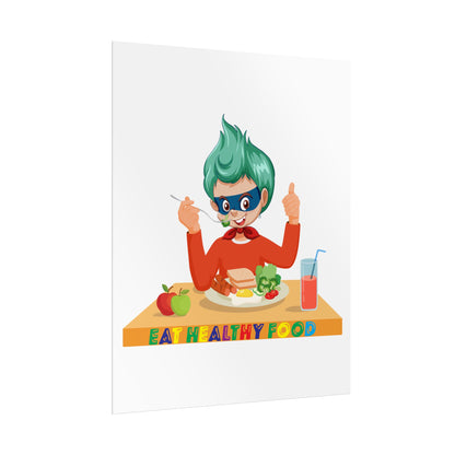 Rolled Posters - Super kiddo eating healthy breafast - [[{"value":"Wonderwear Kid"}]]
