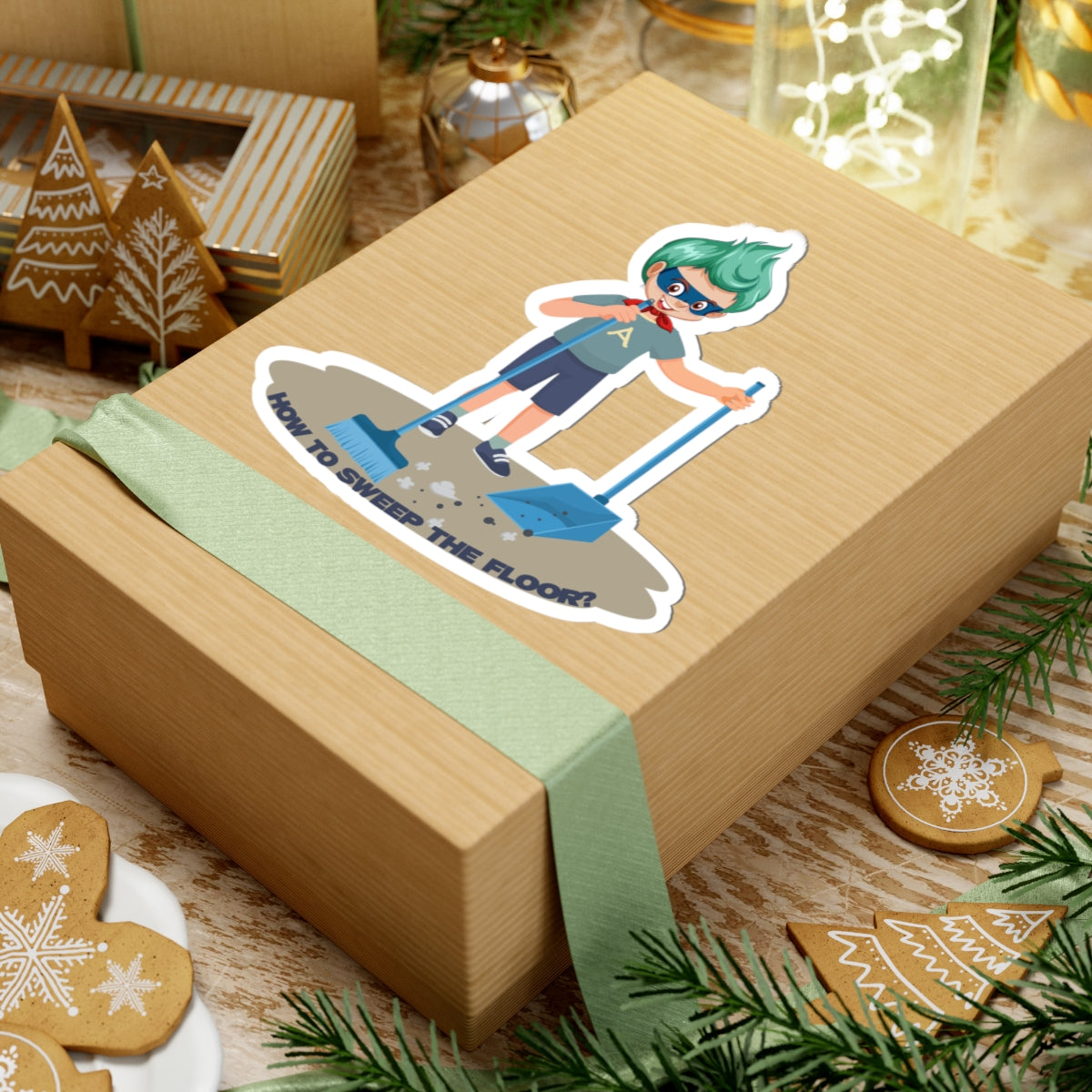 Kiss-Cut Stickers - Super kiddo sweeping floor - [[{"value":"Wonderwear Kid"}]]