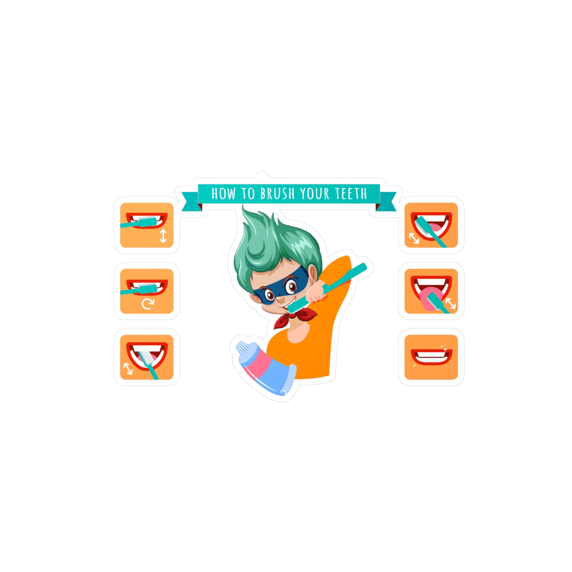 Halloween Kiss-Cut Vinyl Decals – Super kiddo how to brush teeth - [[{"value":"Wonderwear Kid"}]]